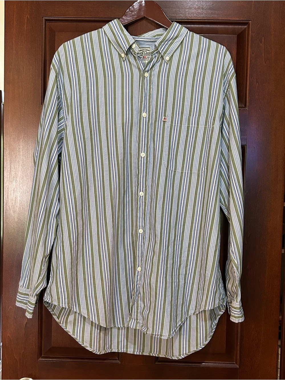 Ralph Lauren Jeans Co Large Striped Cotton Button Down Shirt Green Blue